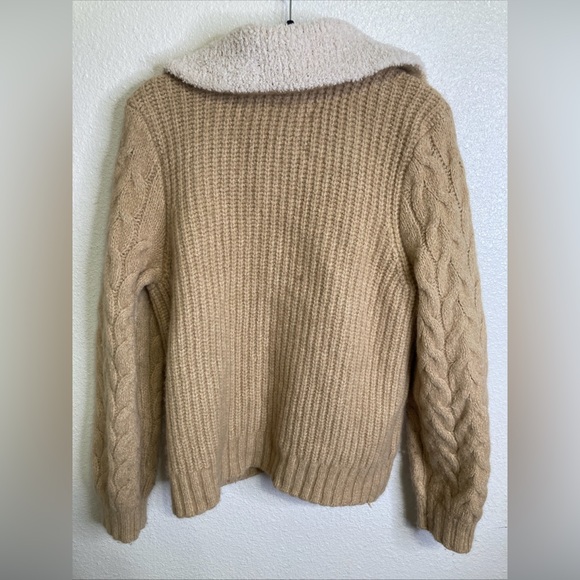 Lucky Brand Camel Cable Knit Cardigan Wool Blend Sweater Sherpa Collar Size M - Picture 3 of 4